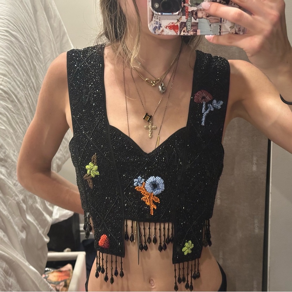 GANNI Embroidered Black Beaded Crop Top